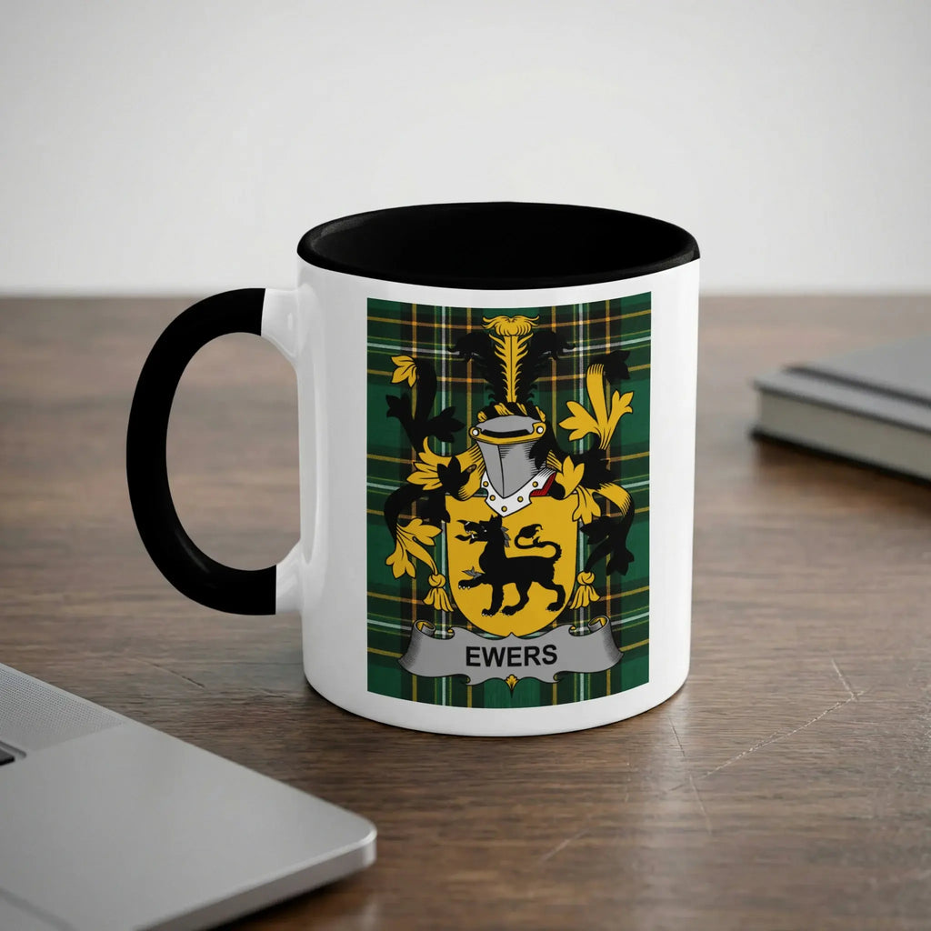 White mug with black handle displaying the EWERS coat of arms.