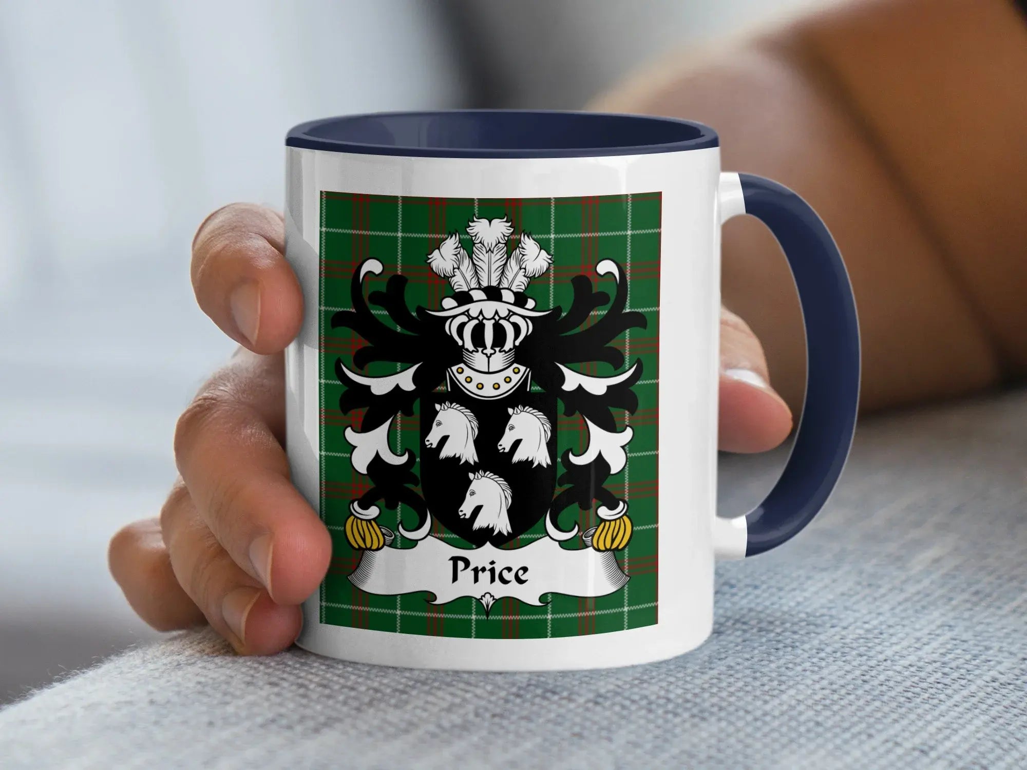 Price Welsh family crest mug with navy handle and coat of arms on plaid tartan