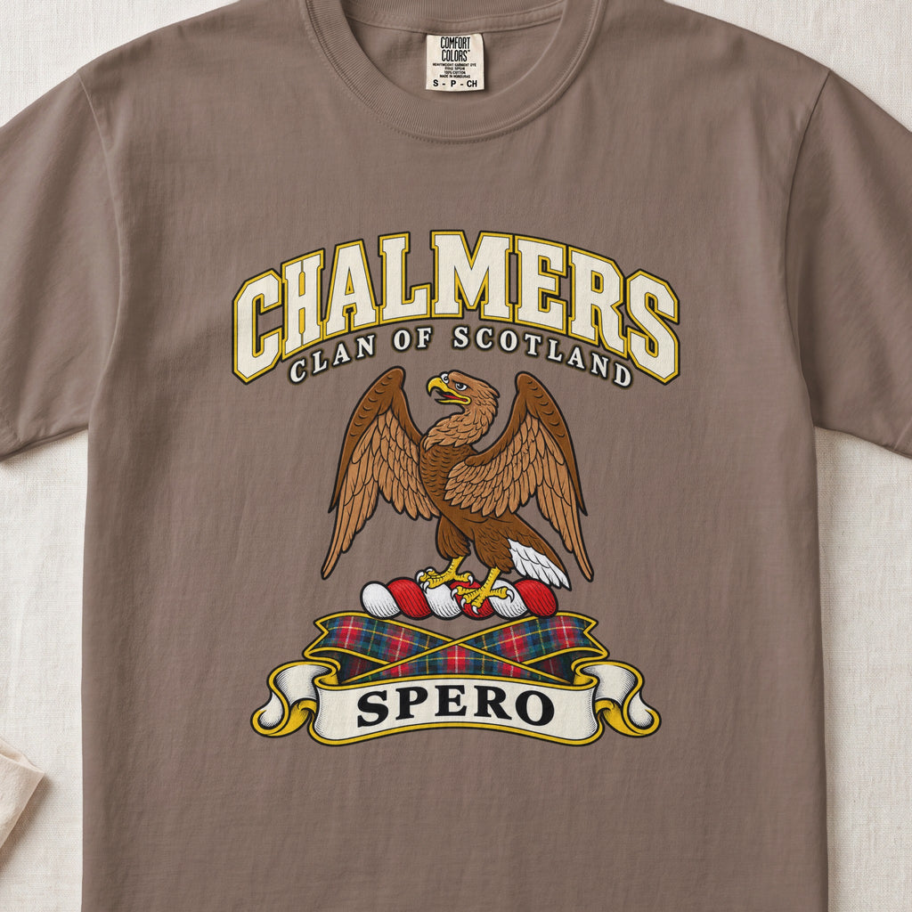 Chalmers Scottish clan T-shirt in Espresso, front view with a brown eagle with raised wings and motto banner.