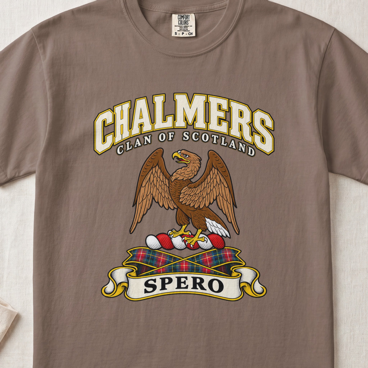 Chalmers Scottish clan T-shirt in Espresso, front view with a brown eagle with raised wings and motto banner.