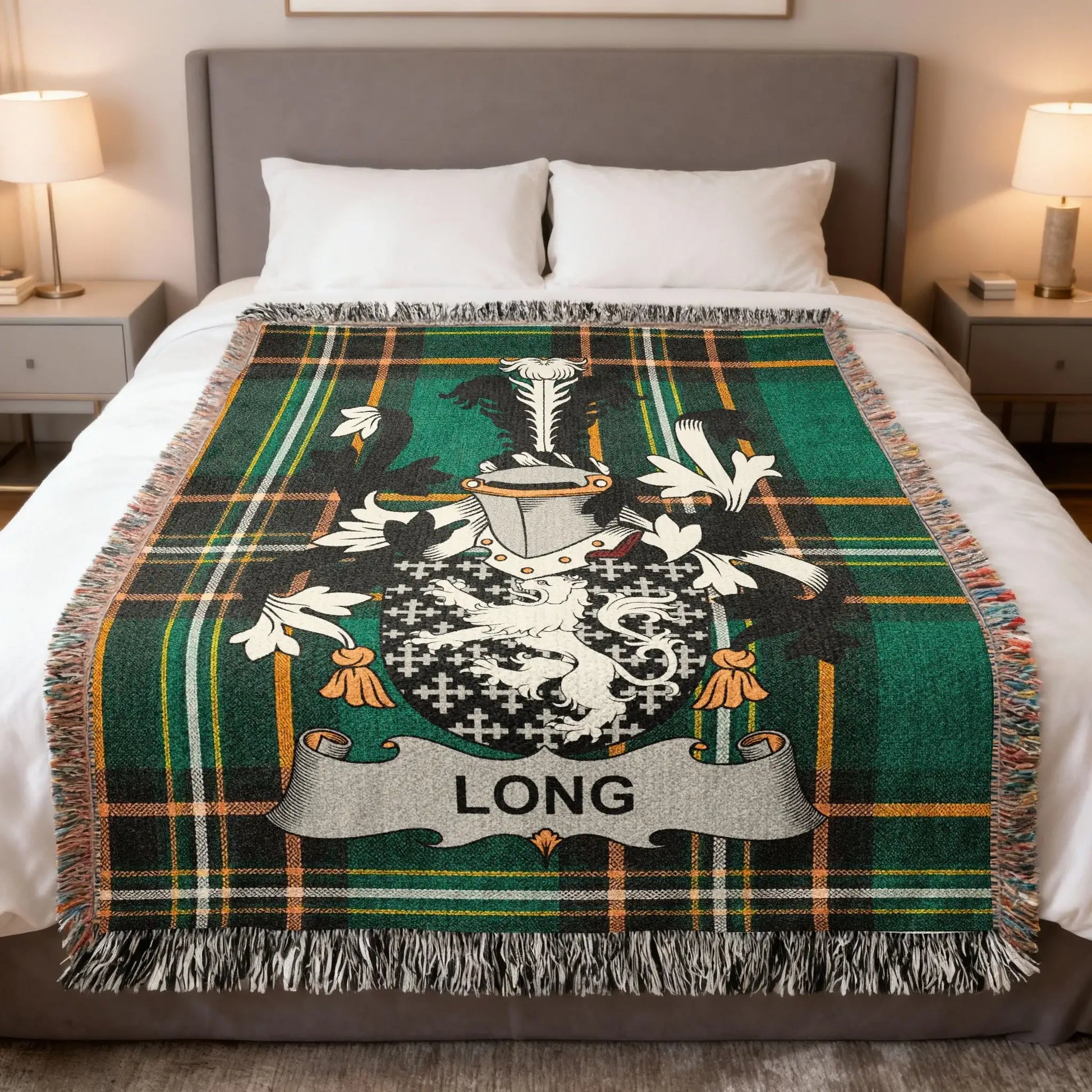 Green tartan blanket with a coat of arms and "LONG" banner.