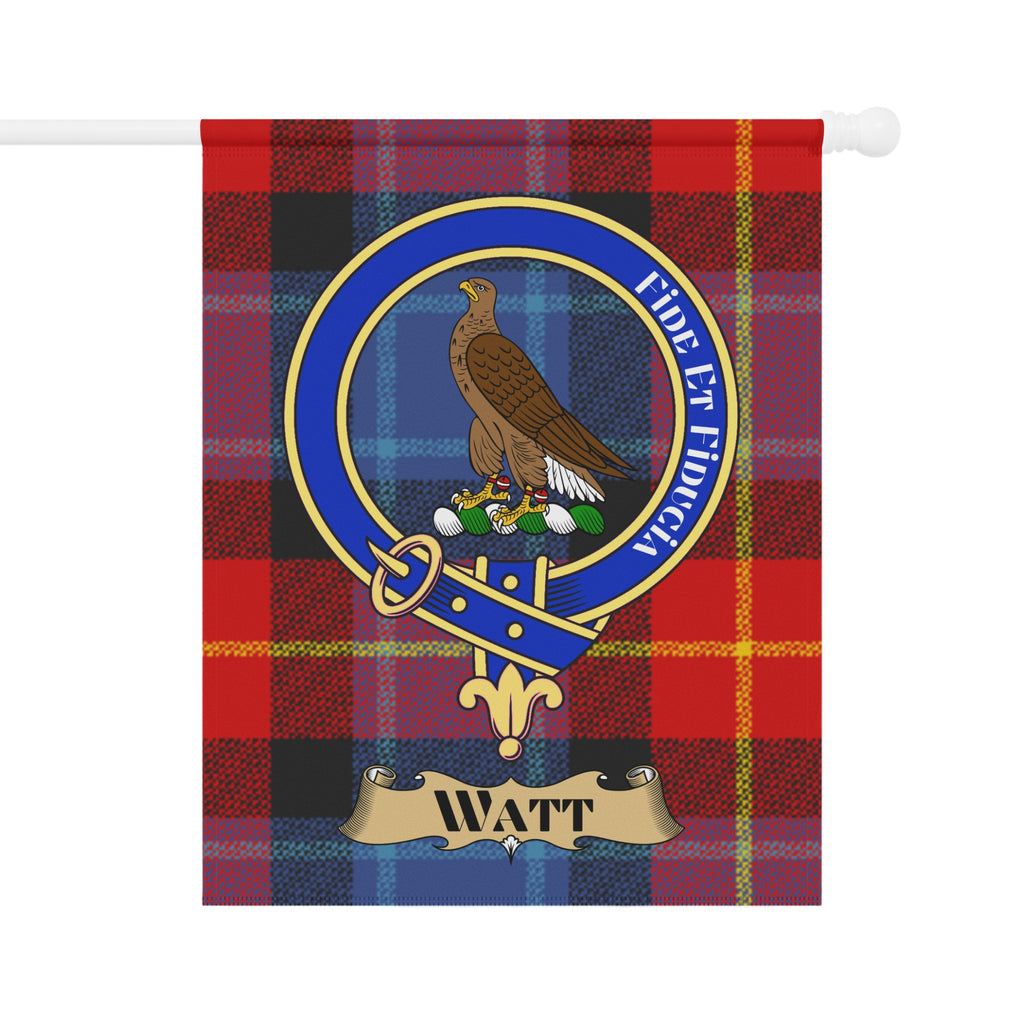 Watt crest with eagle and motto on tartan garden flag — close-up