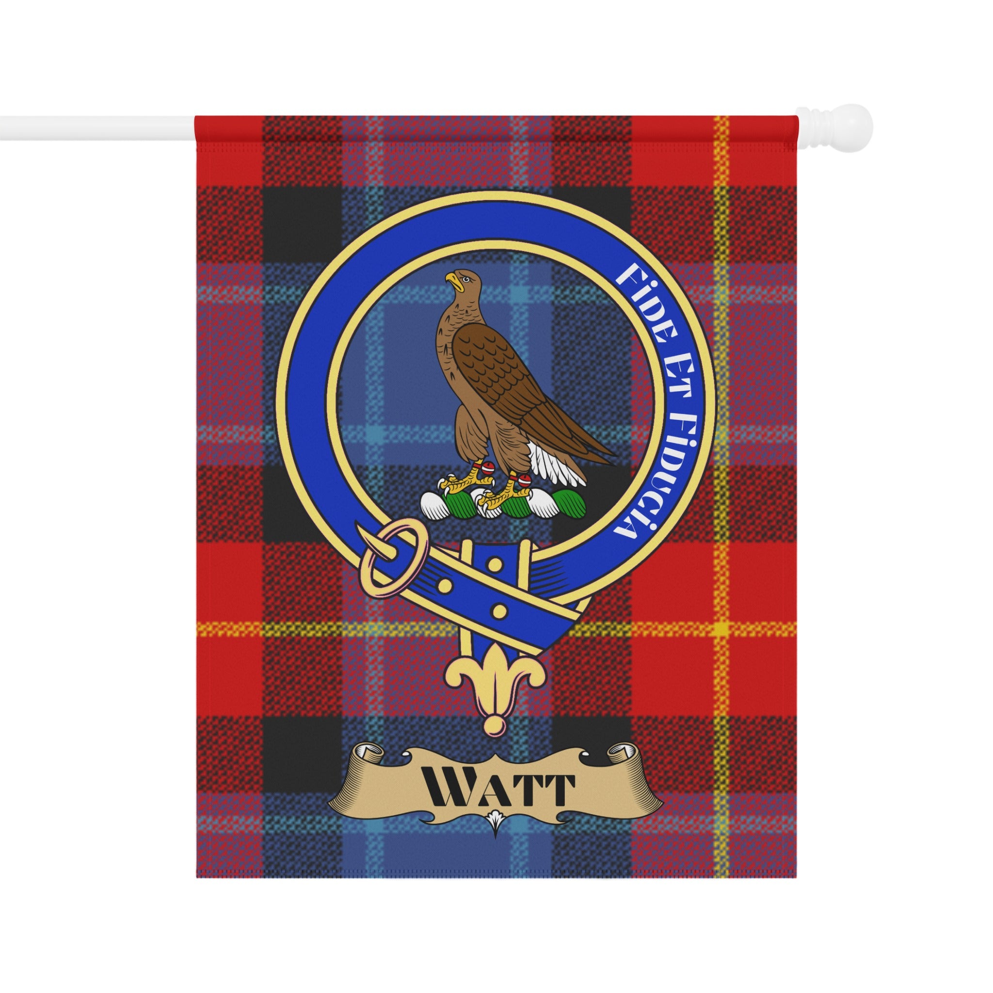 Watt crest with eagle and motto on tartan garden flag — close-up