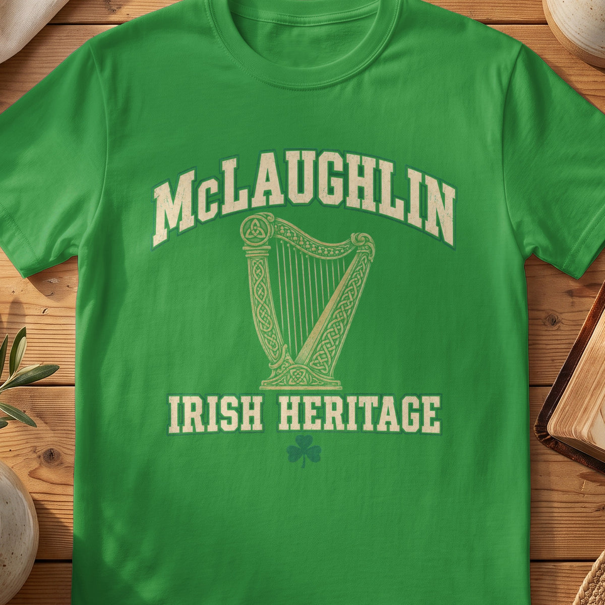 McLaughlin Irish Heritage green Gildan 64000 T-shirt with Celtic harp design