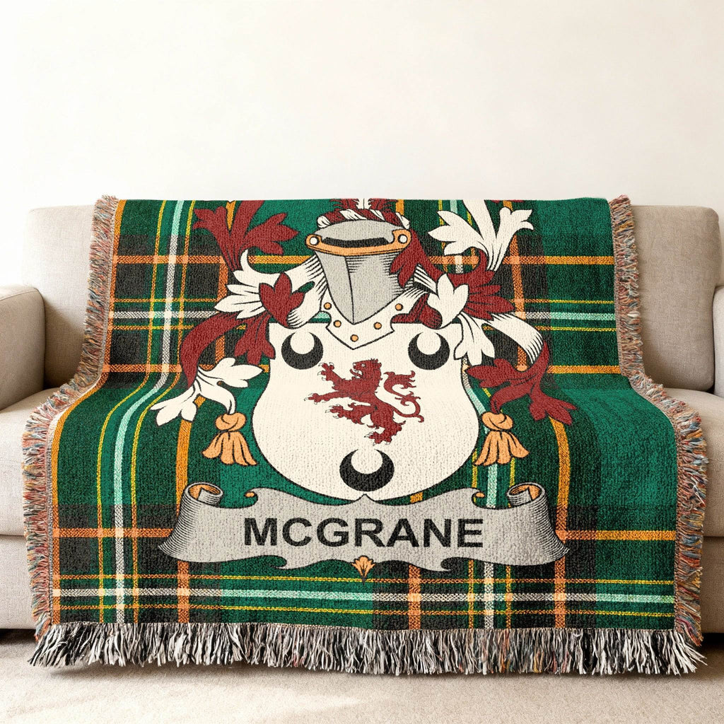 Green plaid throw blanket with the McGRANE family crest.