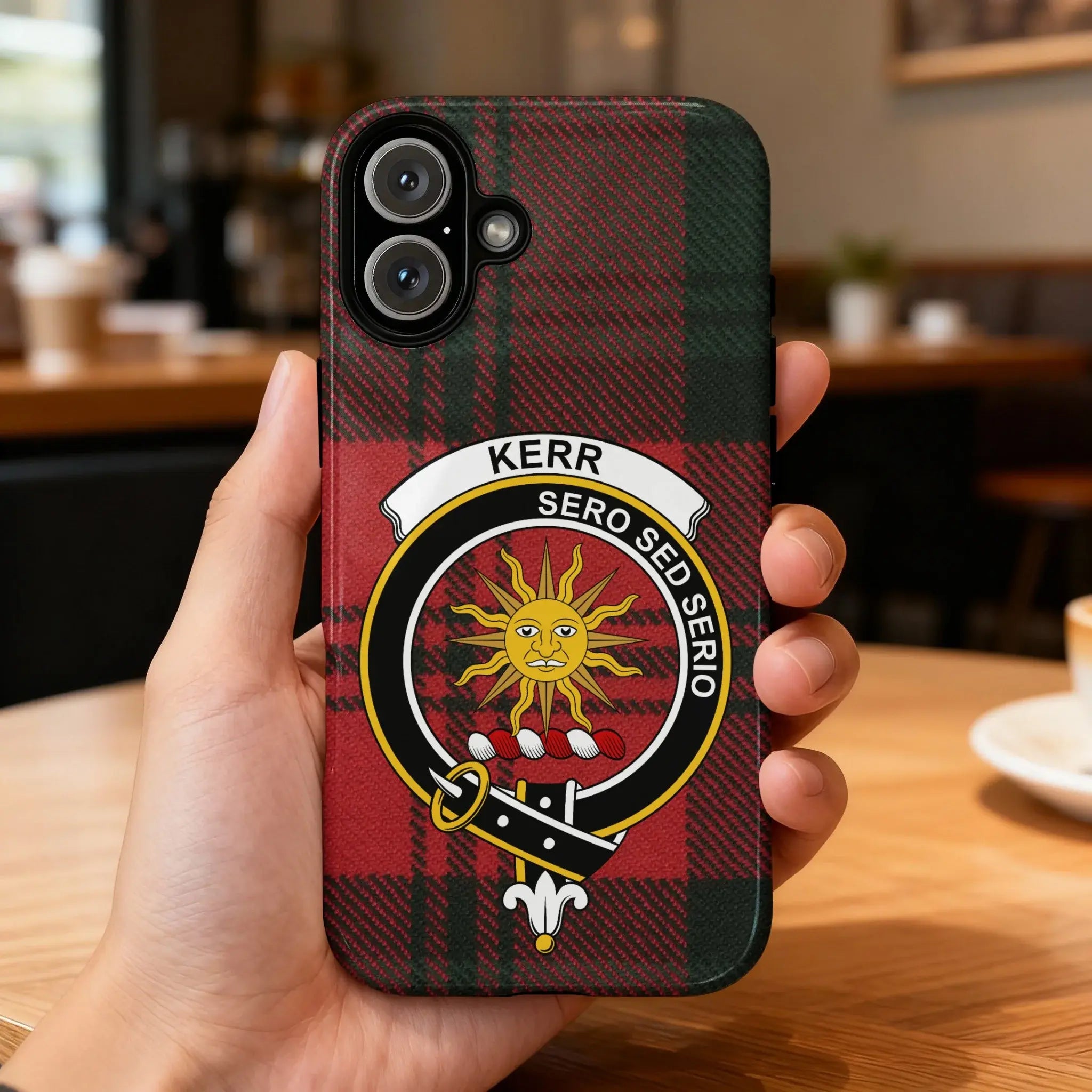 Kerr Sero Sed Serio clan tartan phone case — full heraldic wrap on glossy impact-resistant shell