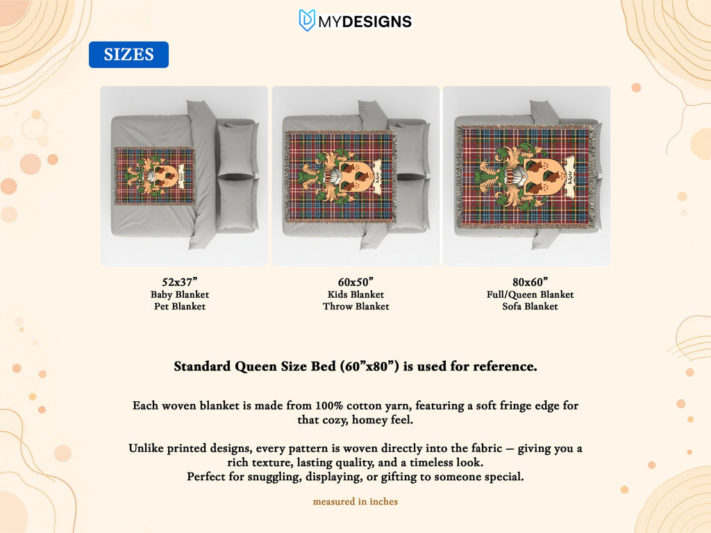 Size guide for Moir Scottish family shield woven blanket on a Caledonia tartan background