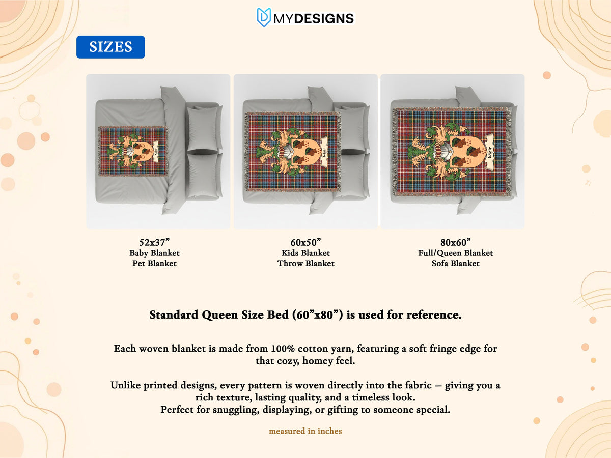 Size guide for Moir Scottish family shield woven blanket on a Caledonia tartan background