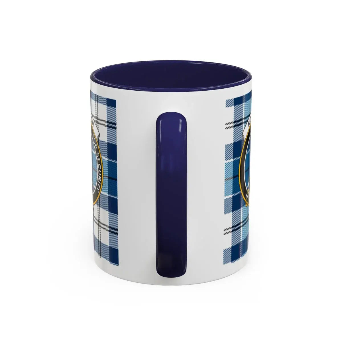 Blue Plaid Ceramic Mug with Security Crest Design