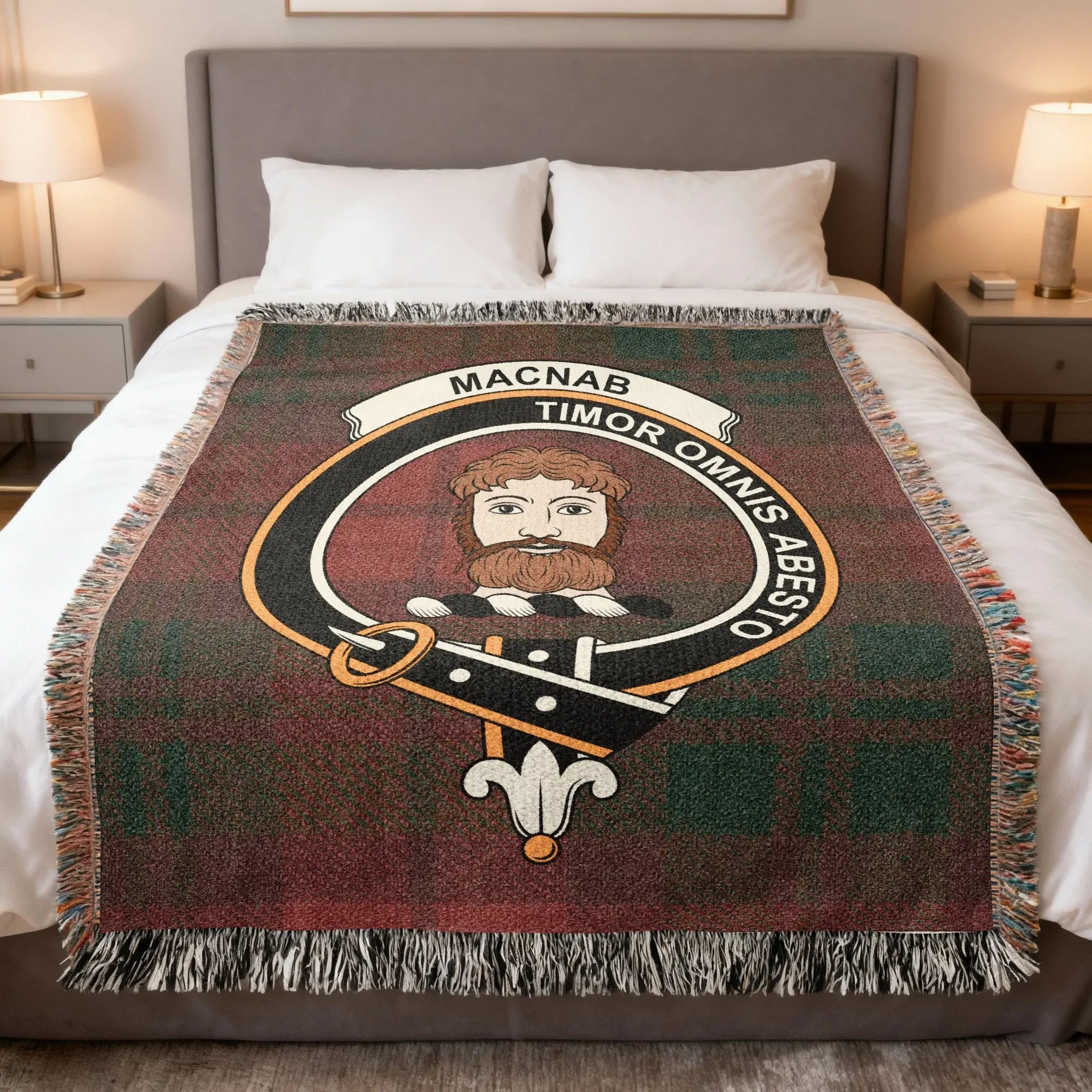 MacNab clan crest tartan woven cotton blanket — Timor Omnis Abesto with fringe edge