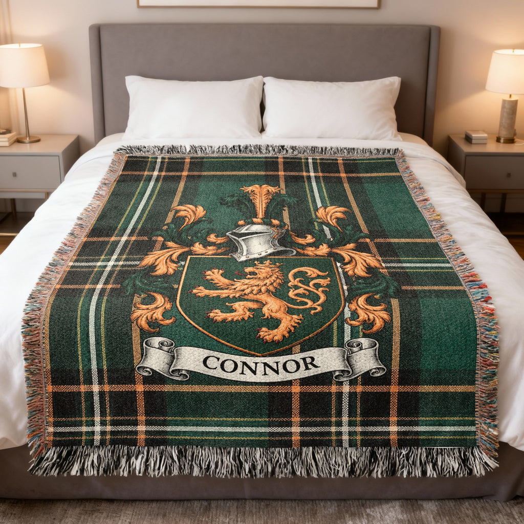 Connor Irish National Tartan heirloom woven blanket with family crest, full product view