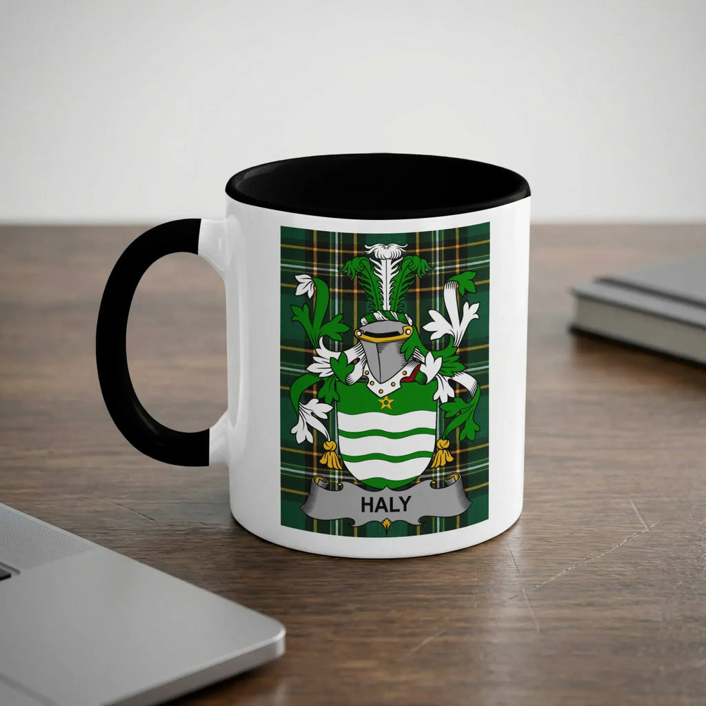 Mug with the Haly family crest, a green heraldic shield.