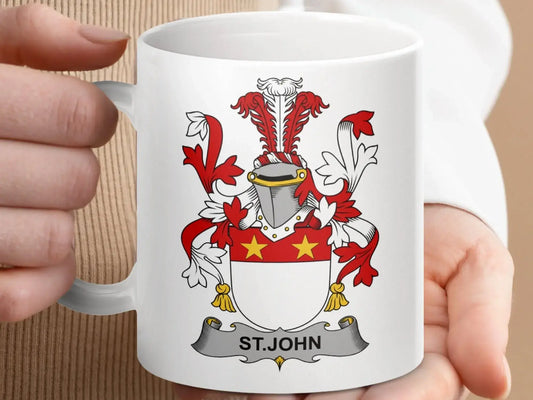 St John Family Crest Coat of Arms Display Mug - Celtic Ancestry Gifts