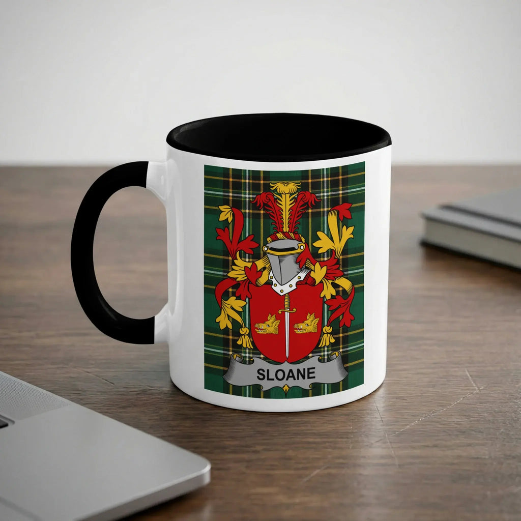 White mug with black handle displaying a family crest with the name SLOANE.