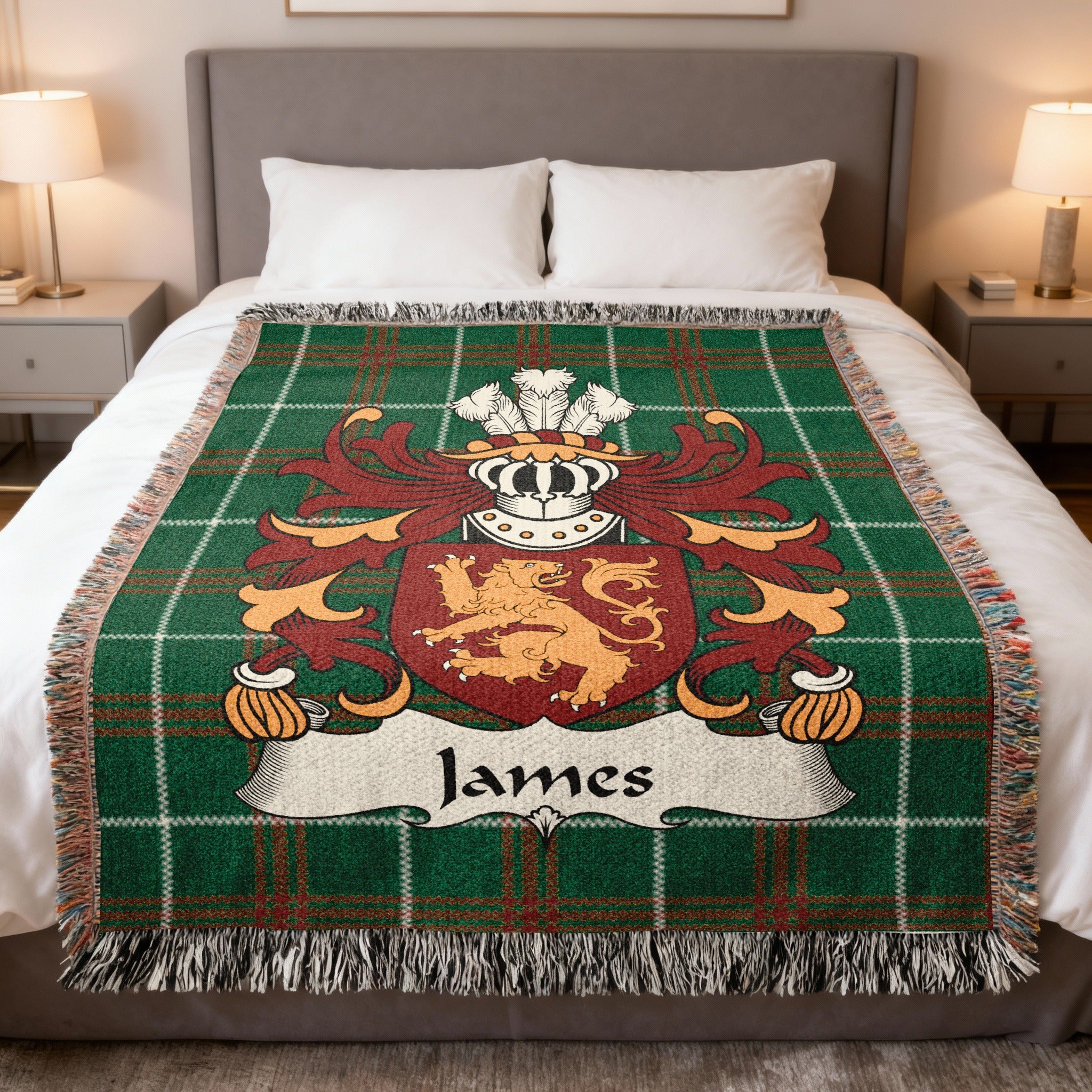 James Welsh crest woven blanket on Welsh national tartan