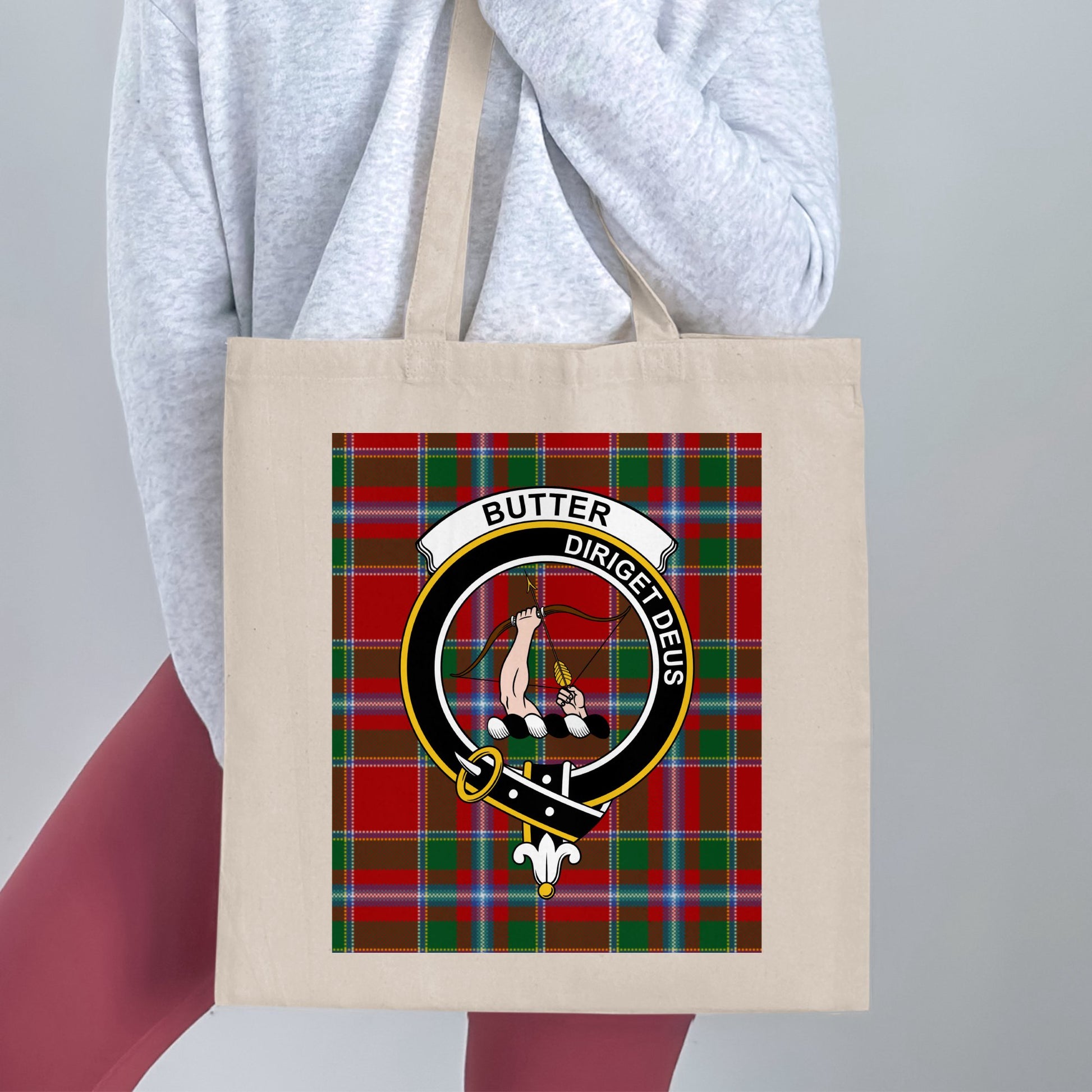 Butter Scottish Clan Crest Tartan Background Tote Bag - Living Stone Gifts