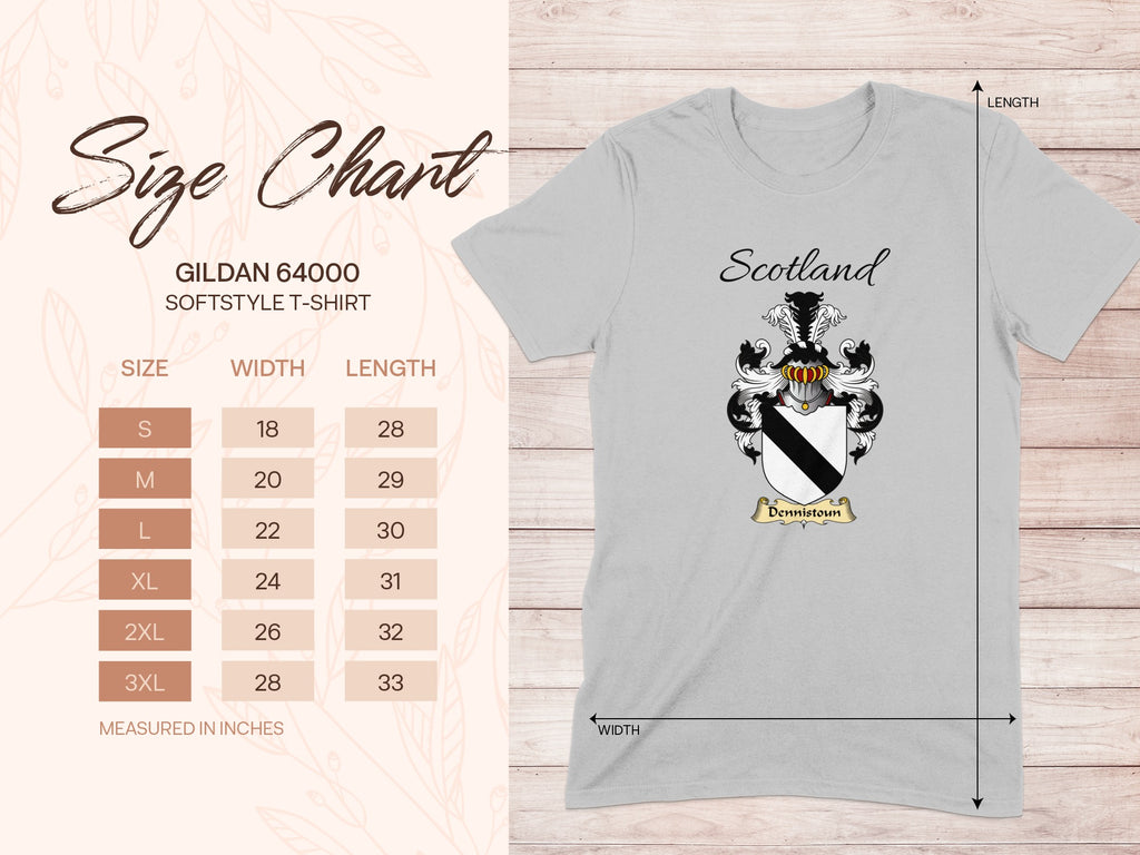 Gildan 64000 size chart for the Dennistoun unisex T-shirt, sizes S to 3XL