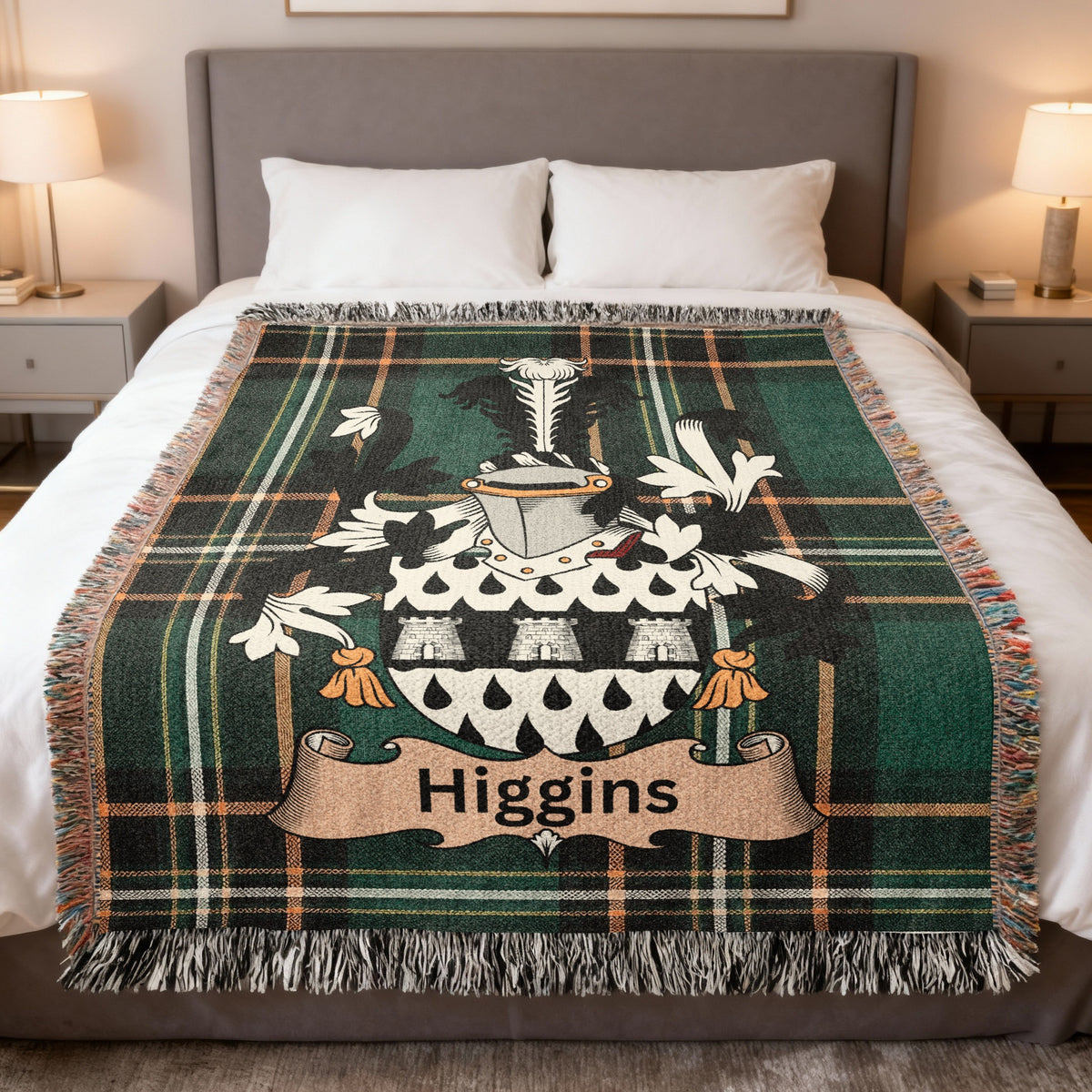 Higgins Irish heritage woven blanket with family crest emblem