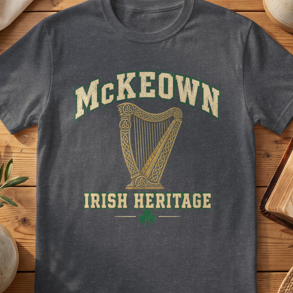 McKeown Irish Heritage dark heather gray Gildan 64000 T-shirt with Celtic harp design