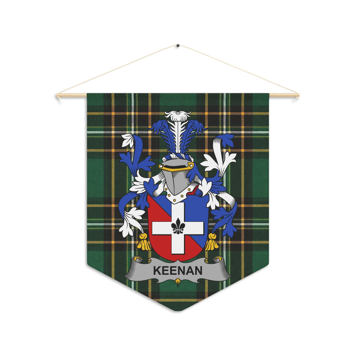 Keenan family crest banner on green tartan fabric with coat of arms.
