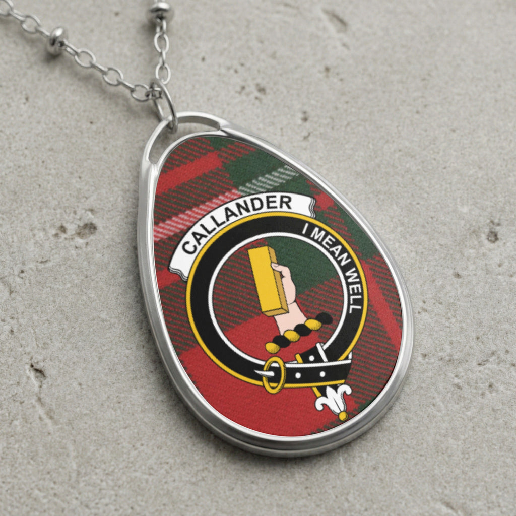 Callander clan Scottish tartan necklace with clan crest on tartan background