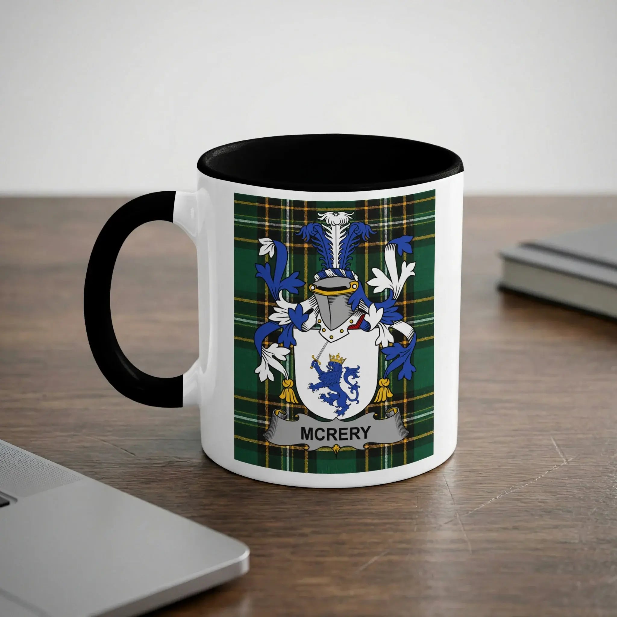 McRery Irish heritage mug with black handle and family crest