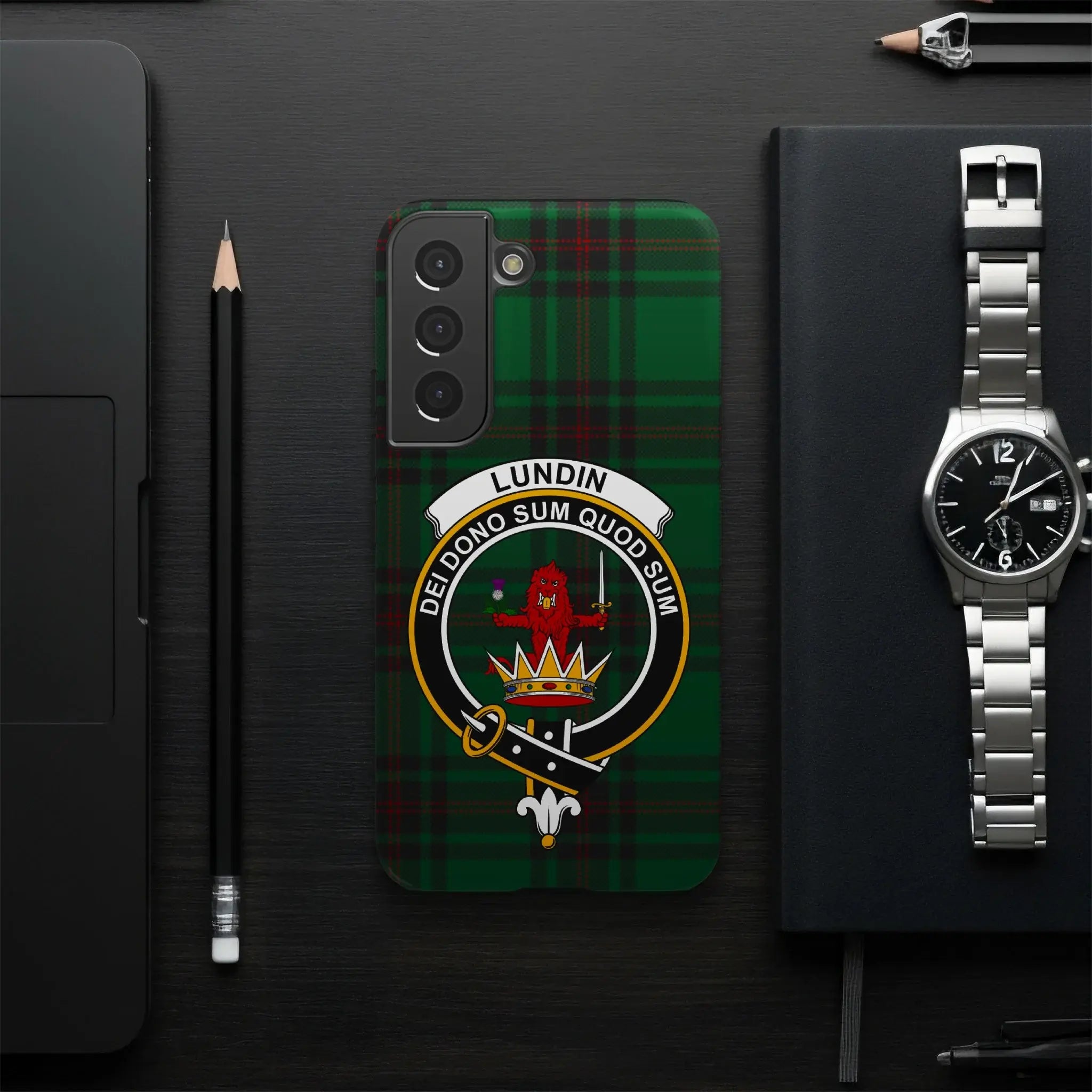 Lundin Family Tartan Phone Case with Clan Crest Design