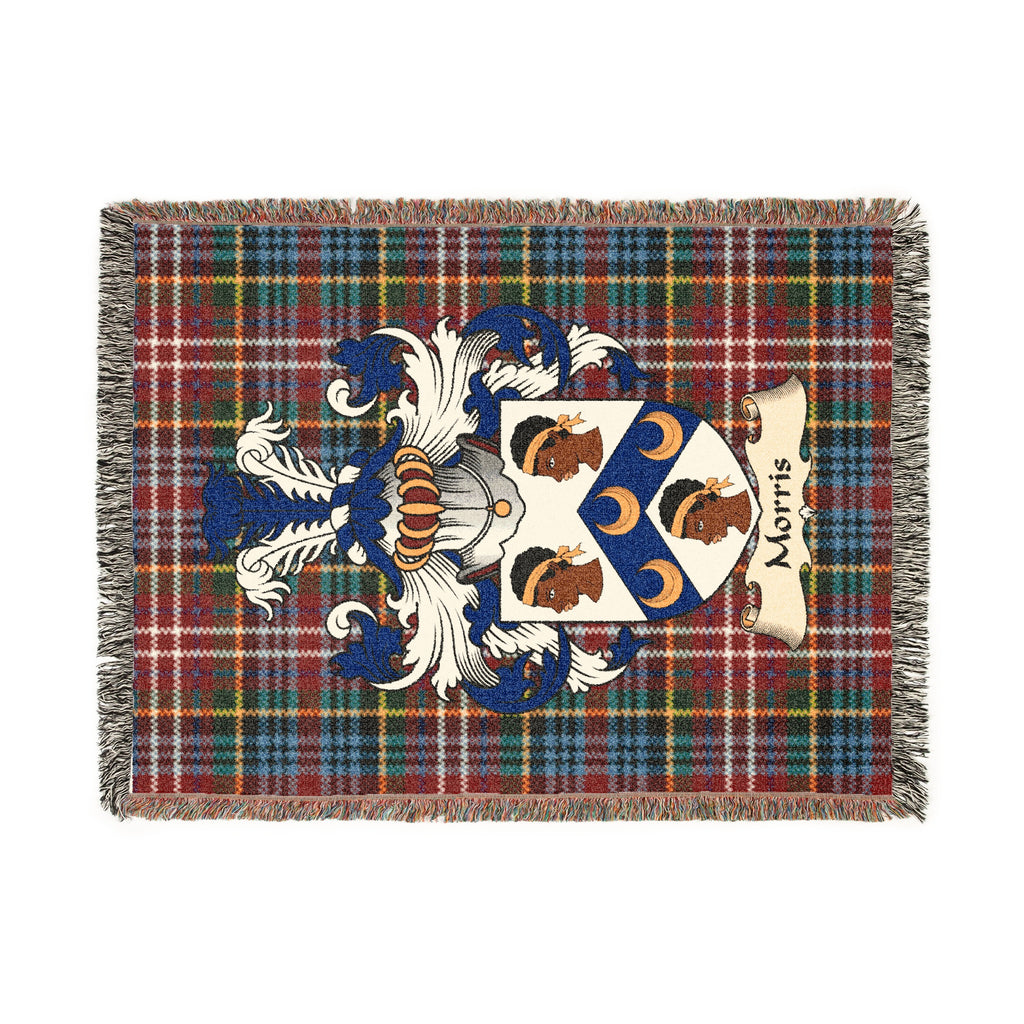 Morris Scottish woven blanket with family shield and Caledonia tartan background