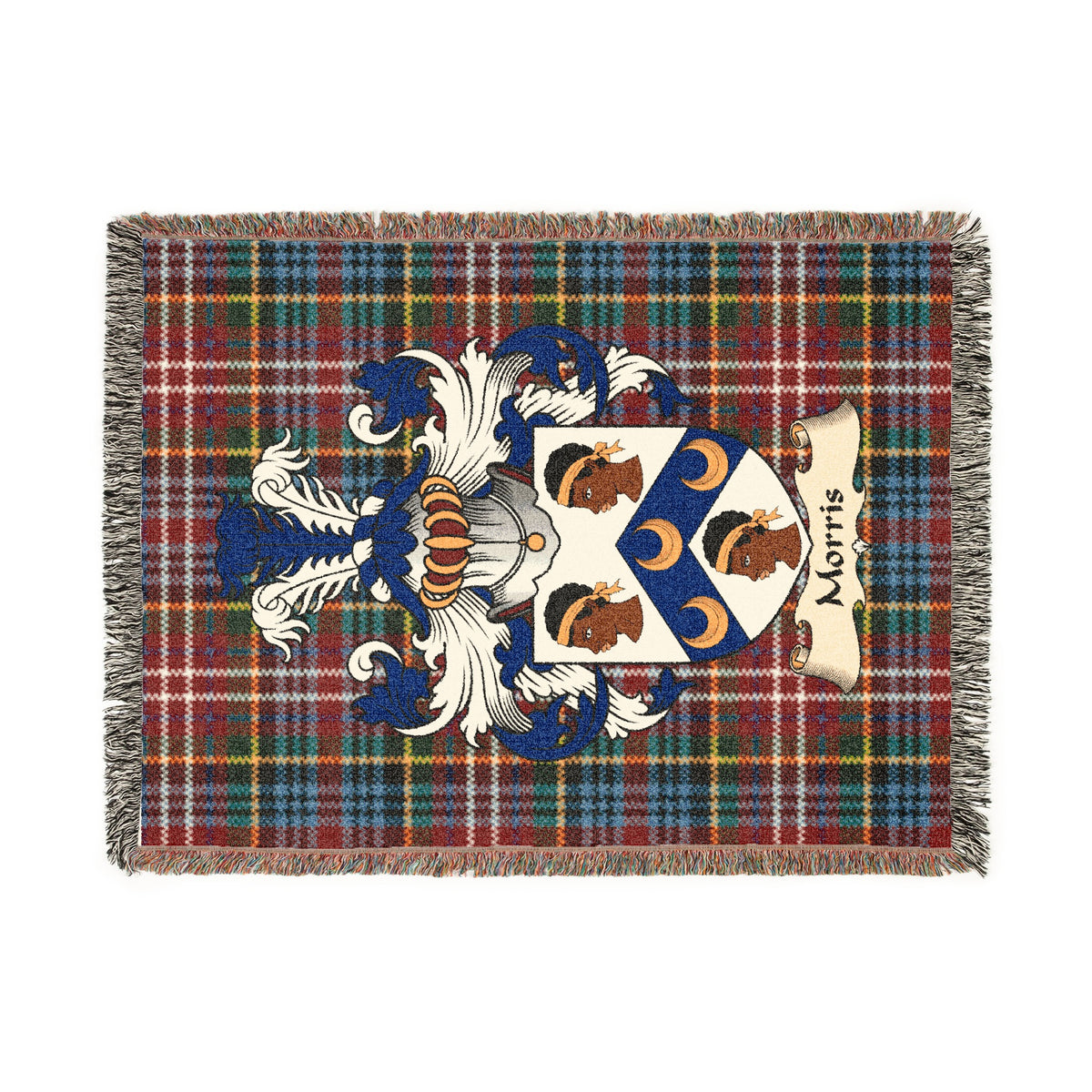 Morris Scottish woven blanket with family shield and Caledonia tartan background