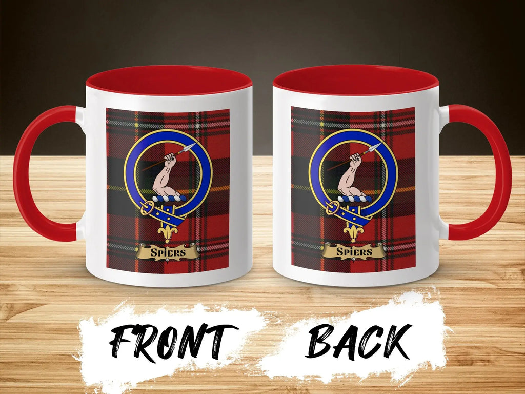 Spiers tartan-background crest mug shown as a Scottish heritage gift
