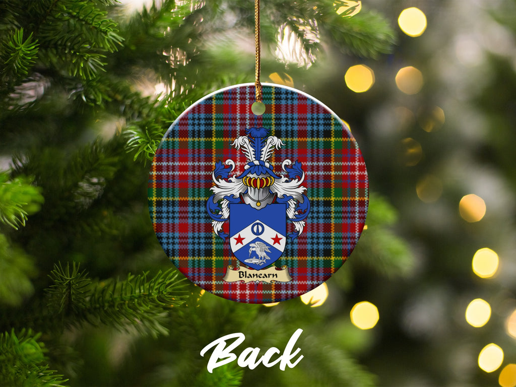 Double-sided Blanearn ceramic ornament with family shield and Caledonia tartan background