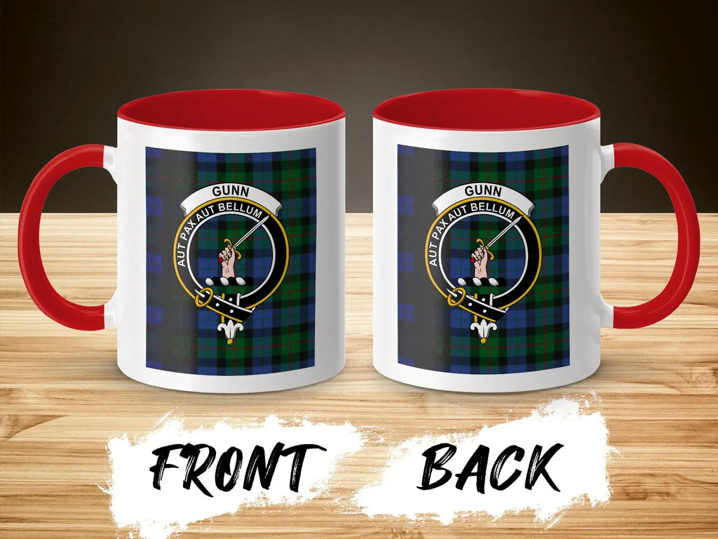 Gunn Aut Pax Aut Bellum clan tartan mug — glossy white ceramic with red handle