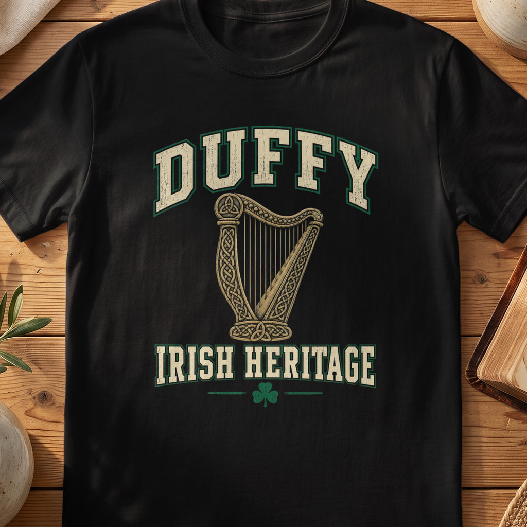 Duffy Irish Heritage black Gildan 64000 T-shirt with Celtic harp design