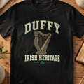 Duffy Irish Heritage black Gildan 64000 T-shirt with Celtic harp design