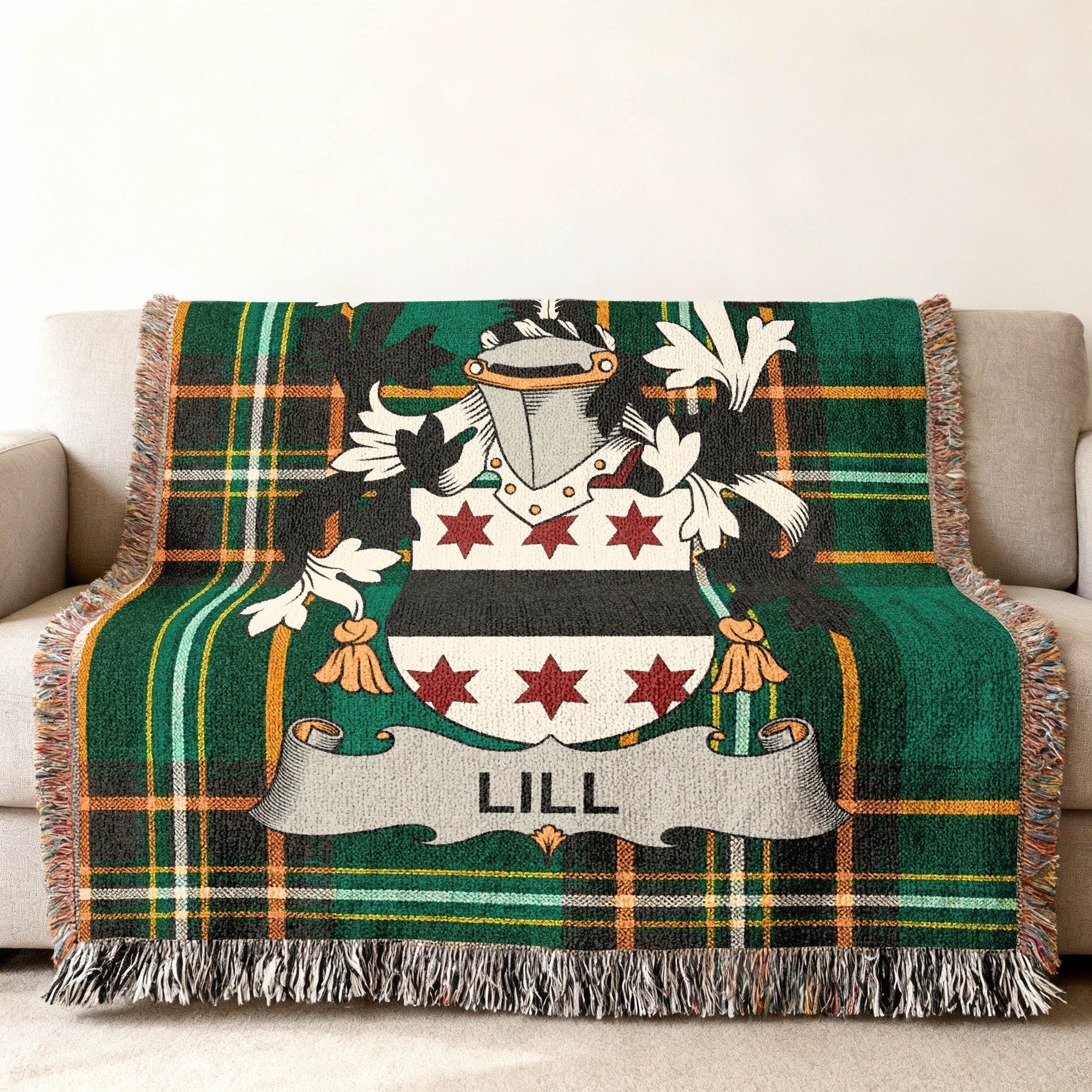 Green plaid throw blanket featuring the Lill family crest.