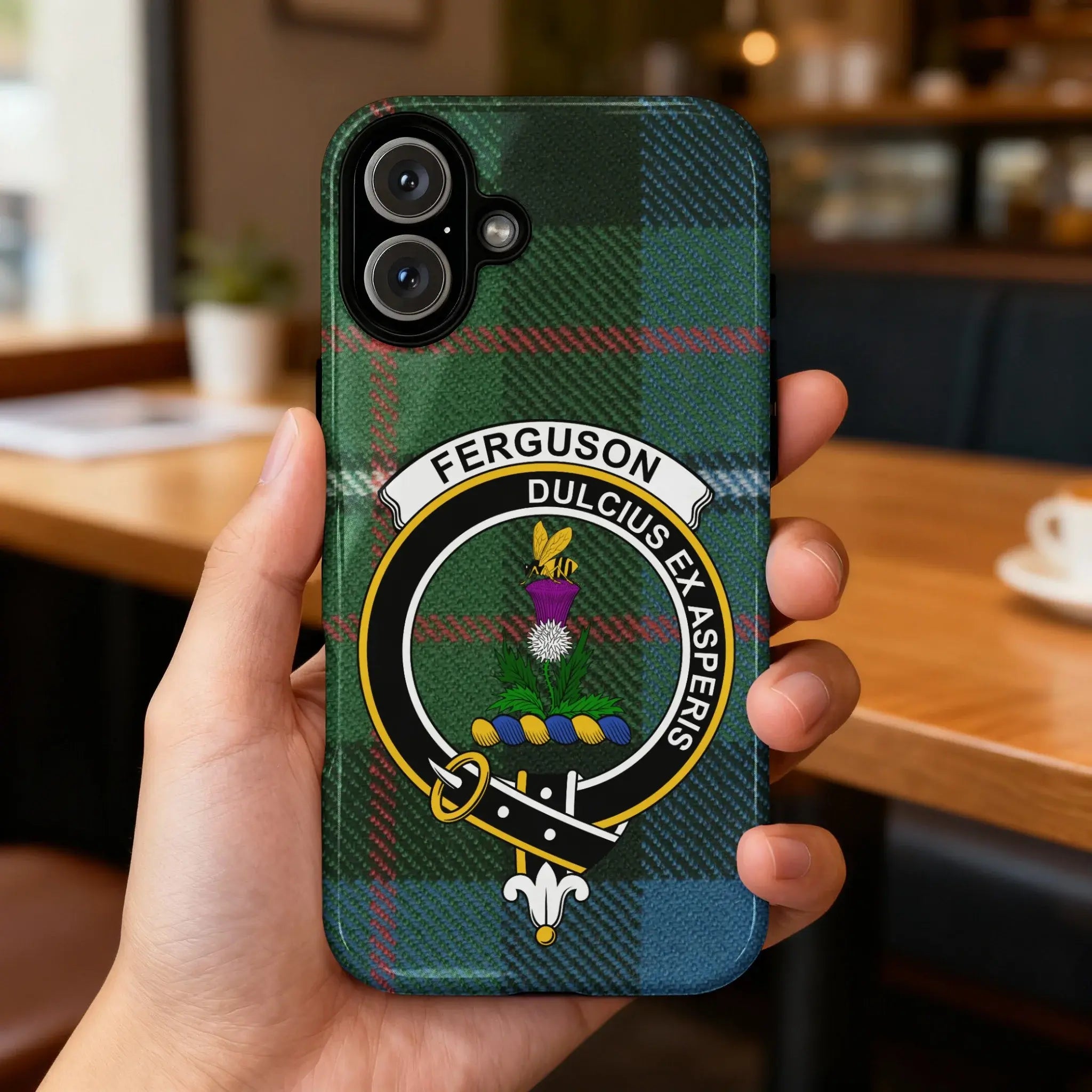 Ferguson Dulcius Ex Asperis crest phone case — full heraldic wrap on glossy slim case