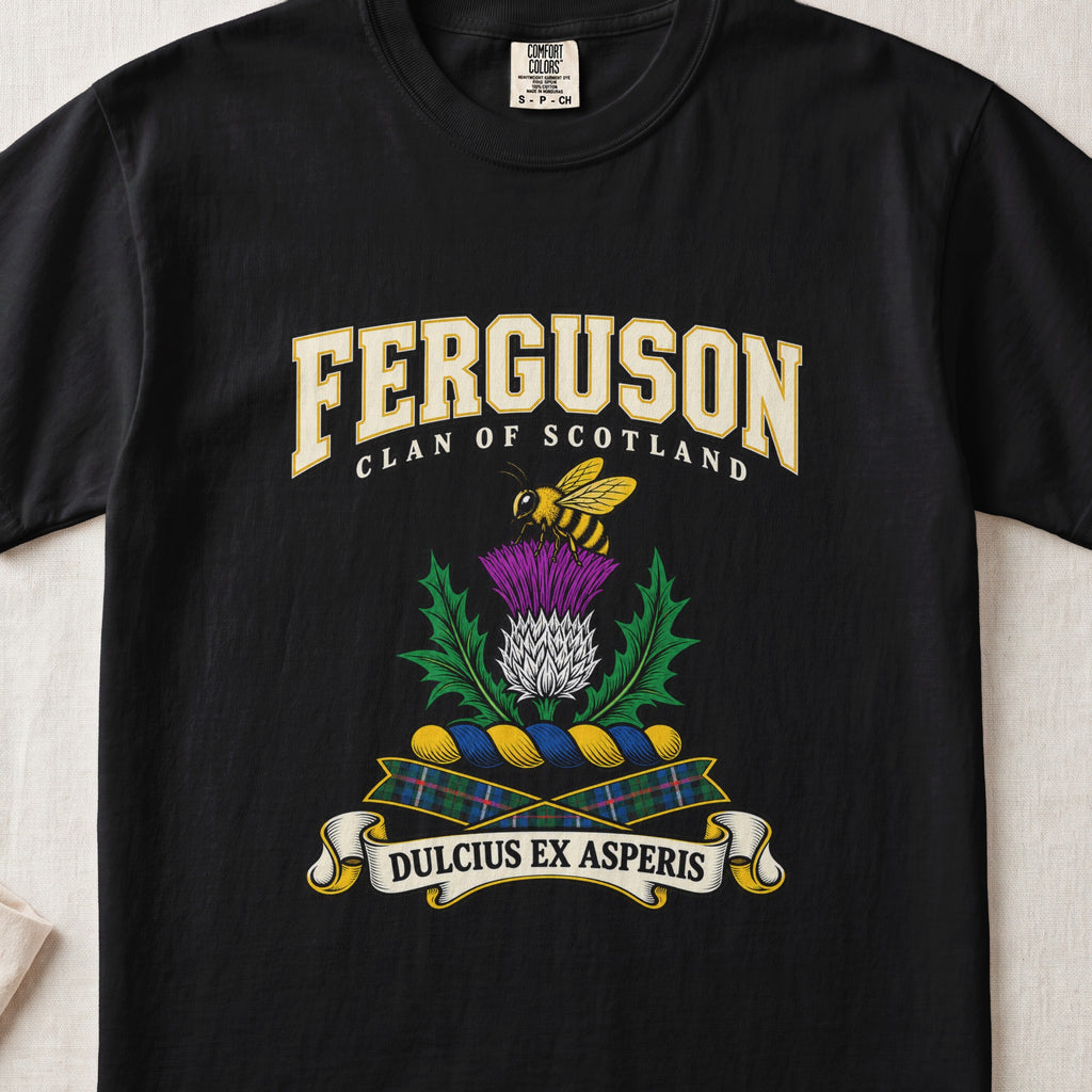Ferguson graphic T-shirt in Black, front flat lay showing varsity lettering and yellow and black bee above a purple and white thistle.