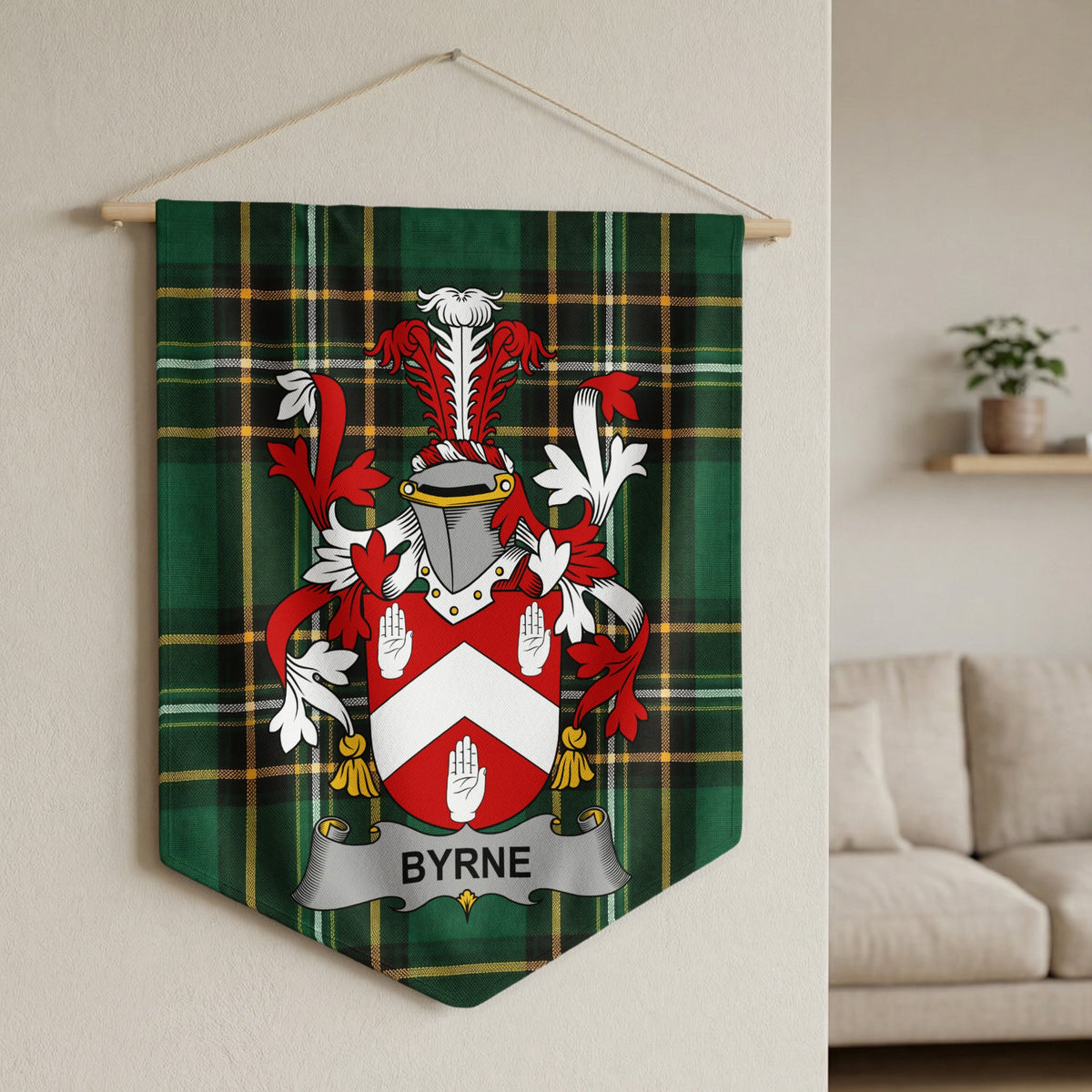 Green tartan banner displaying the Byrne family crest and name.