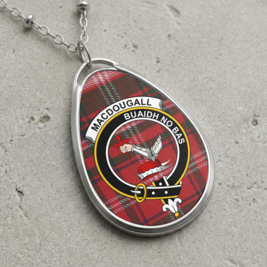 MacDougall clan crest necklace with tartan background and motto "Buaidh No Bas".