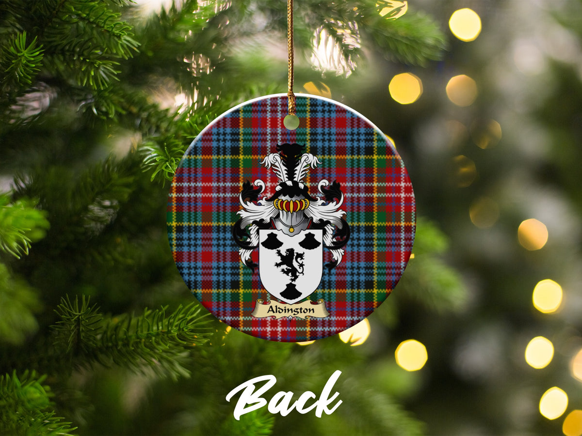 Double-sided Alsington ceramic ornament with family shield and Caledonia tartan background