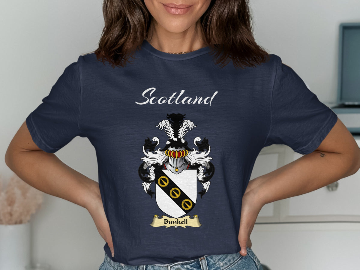 Bunkell Scottish family shield design on Navy T-shirt