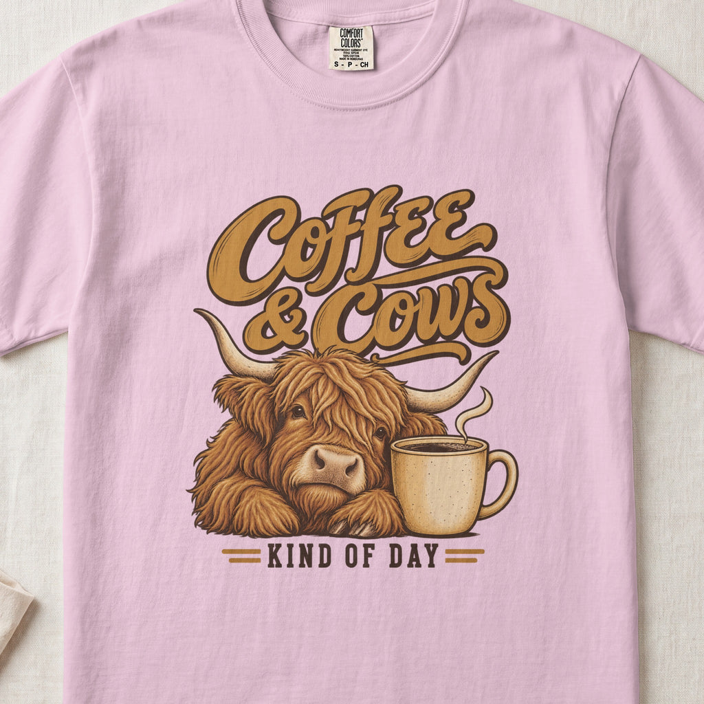 Coffee & Cows Kind of Day Highland cow design on a Blossom Comfort Colors 1717 T-shirt, flat lay