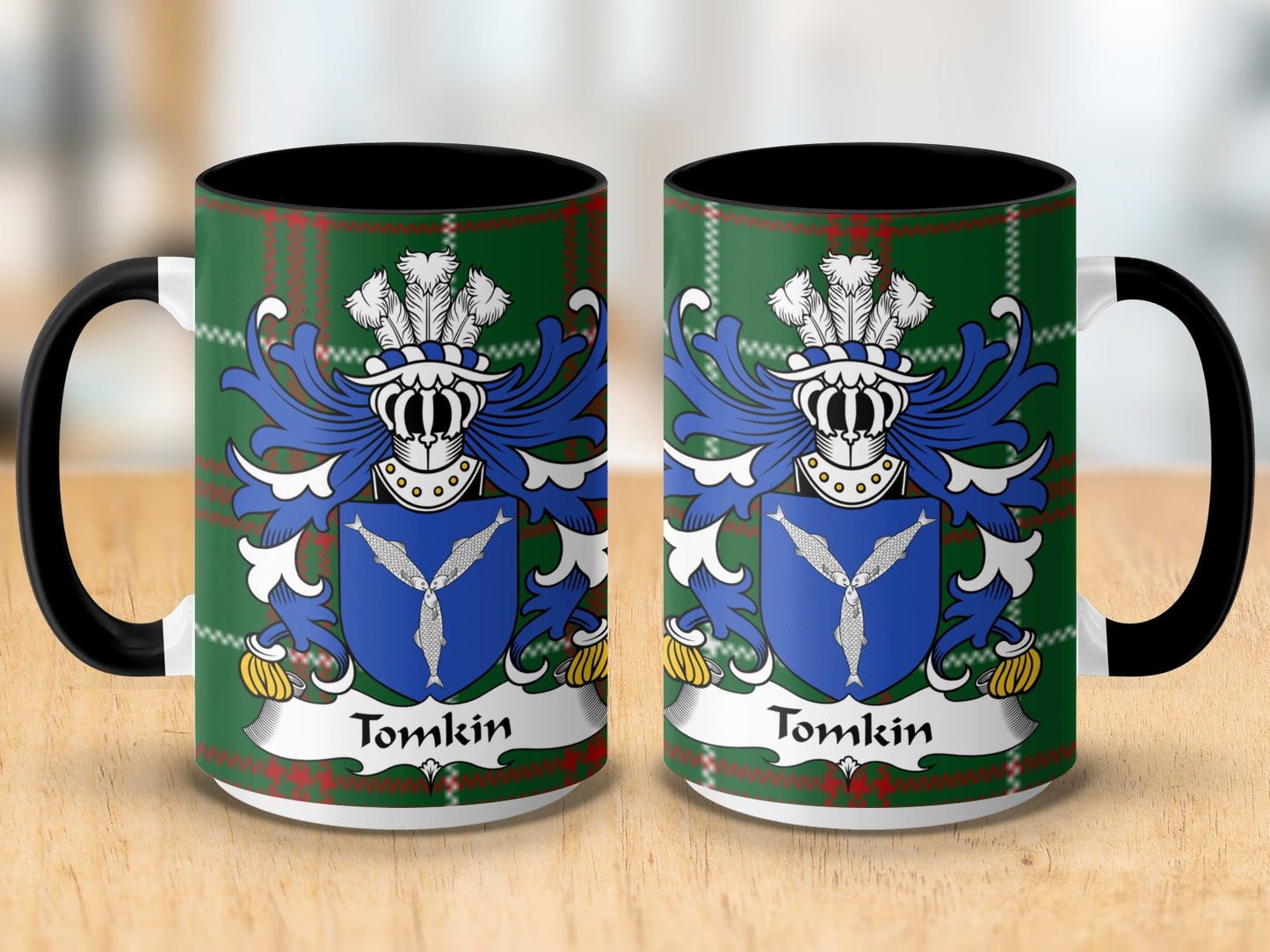 Tomkin Coat of Arms on Welsh National Tartan Background Mug - Living Stone Gifts