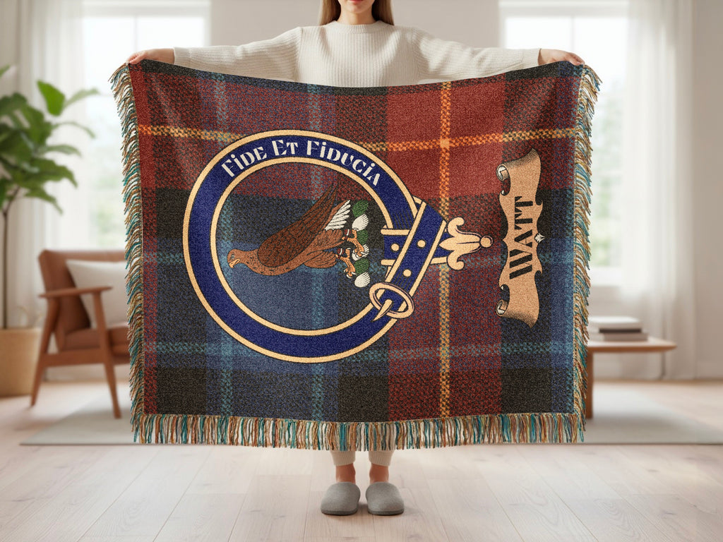 Watt clan crest and name woven into tartan blanket — full view