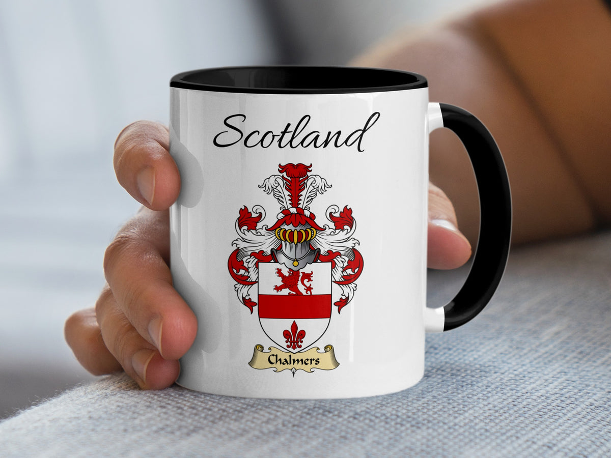 Chalmers Scottish family crest accent mug with Scotland above the coat of arms design