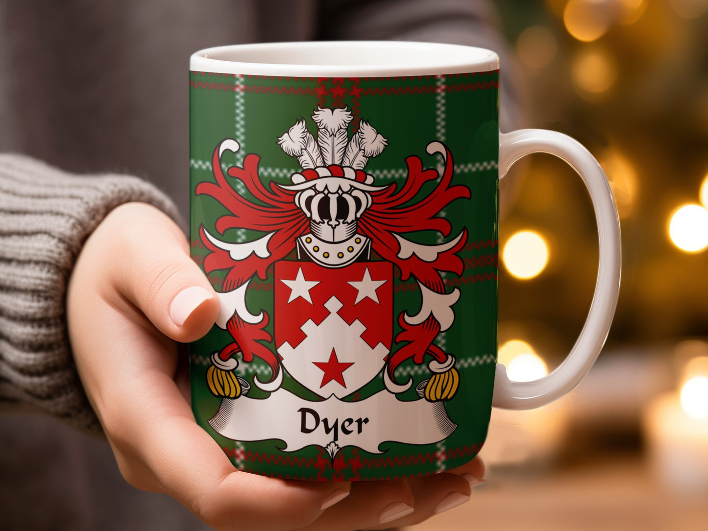 Dyer Surname Coat of Arms on Tartan Background Mug - Living Stone Gifts