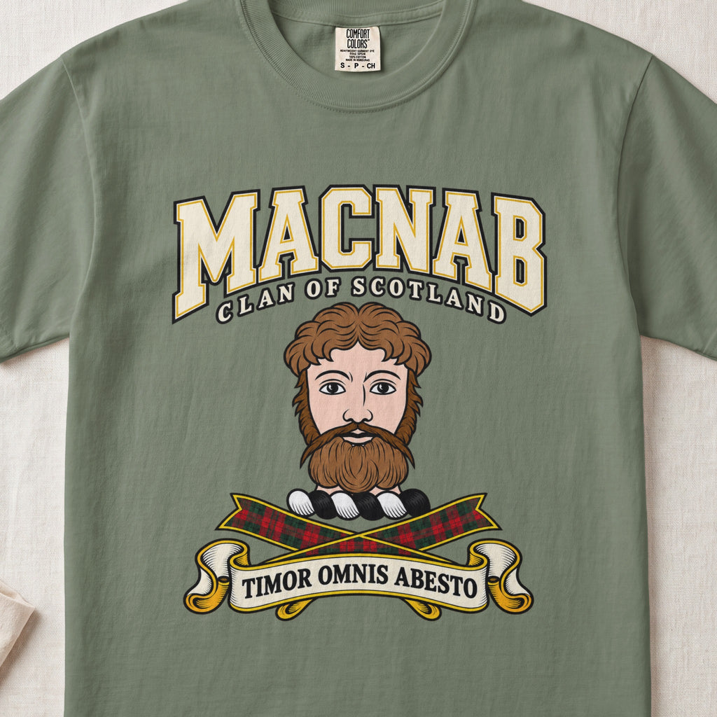 MacNab Scottish clan graphic T-shirt in Moss, front view