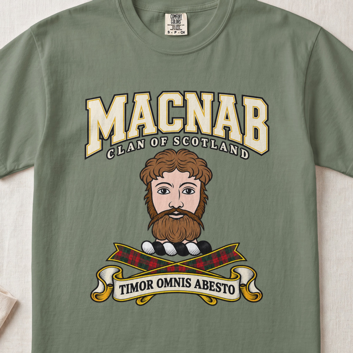 MacNab Scottish clan graphic T-shirt in Moss, front view
