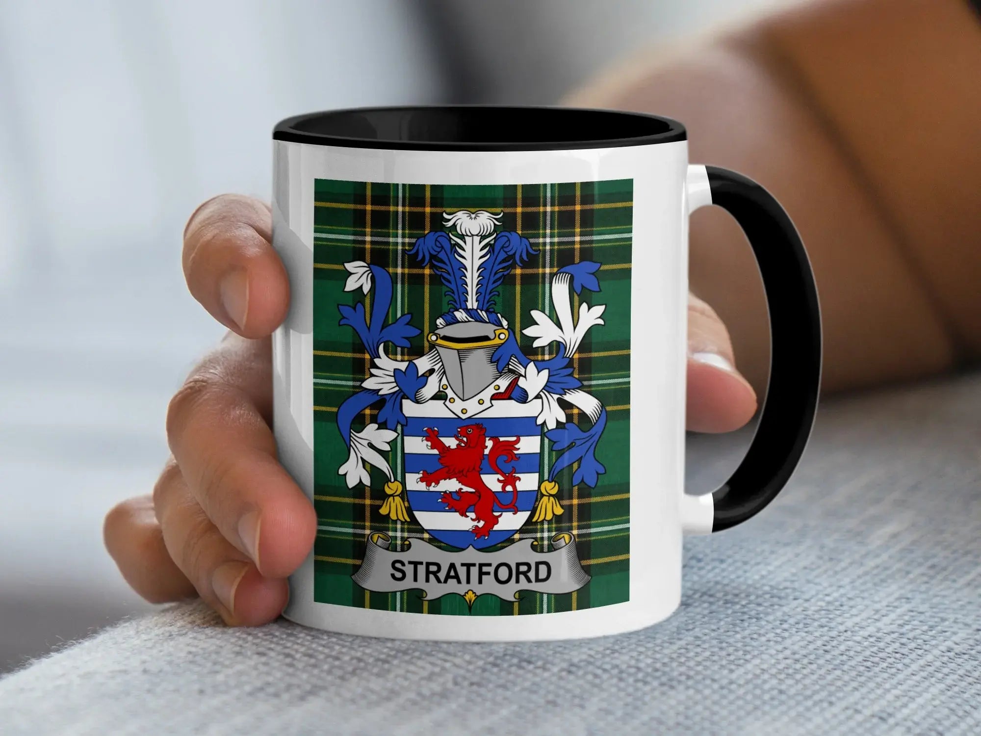 Stratford Irish family crest black accent mug on Irish National Tartan