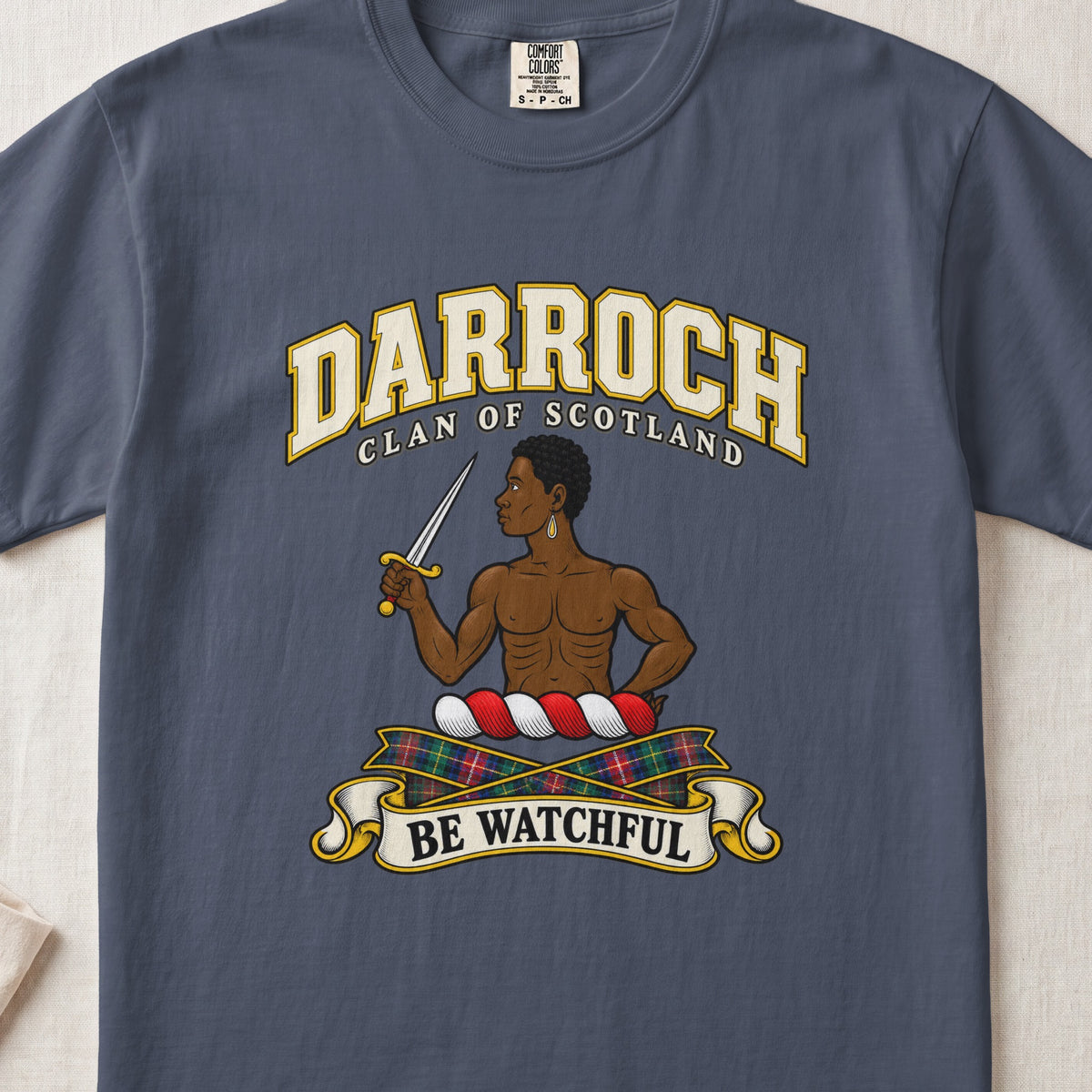 Darroch Scottish clan T-shirt in Midnight, front view with a figure holding a dagger and motto design.
